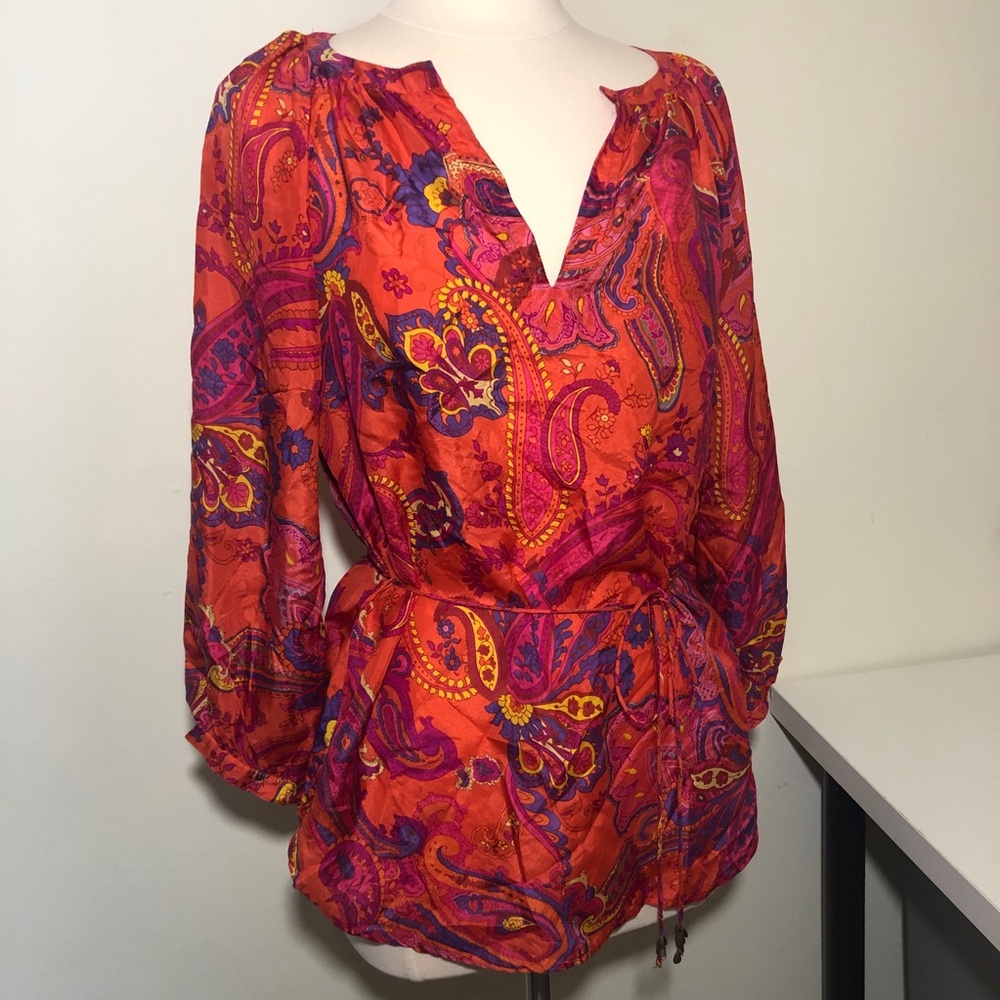 Lauren Ralph Lauren 100% Silk Blouse SMALL Boho Colorful Festival Belted Tassels